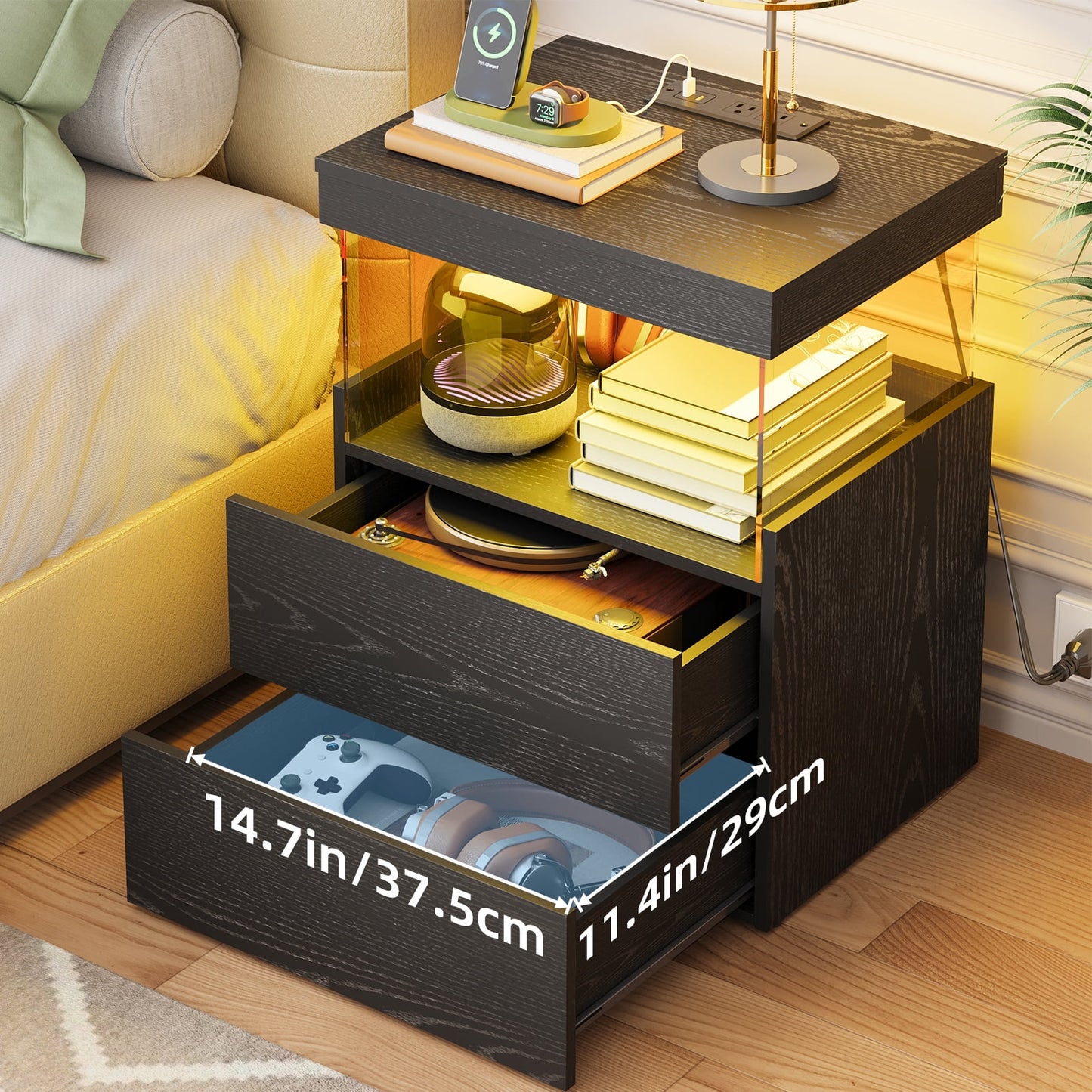 TOOMNK Black Nightstand with Charging Station, Bedside Table for Bedroom, LED Nightstand, Modern Night Stand with Drawers, Black