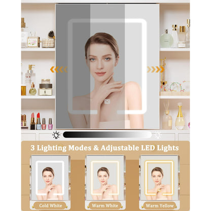 Tomnk woo Vanity Desk with Sliding LED Mirror, 3 Light Modes, 5 Drawers, 2 Cabinets, White, for Bedroom