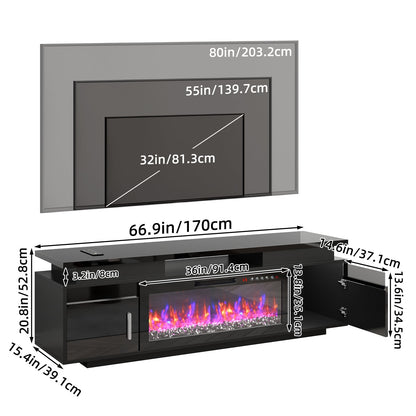 TOMNK 67" Modern Fireplace TV Stand with 36" Electric Fireplace for TVs Up to 80 inch, Luxury LED Light Entertainment Center with High Gloss Cabinet, TV Consoles for Living Room, Black
