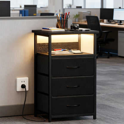 Fairy Night Stands Set of 2 with Charging Station, Bed Side Table, LED Nightstand with 3 Fabric Drawers, Black