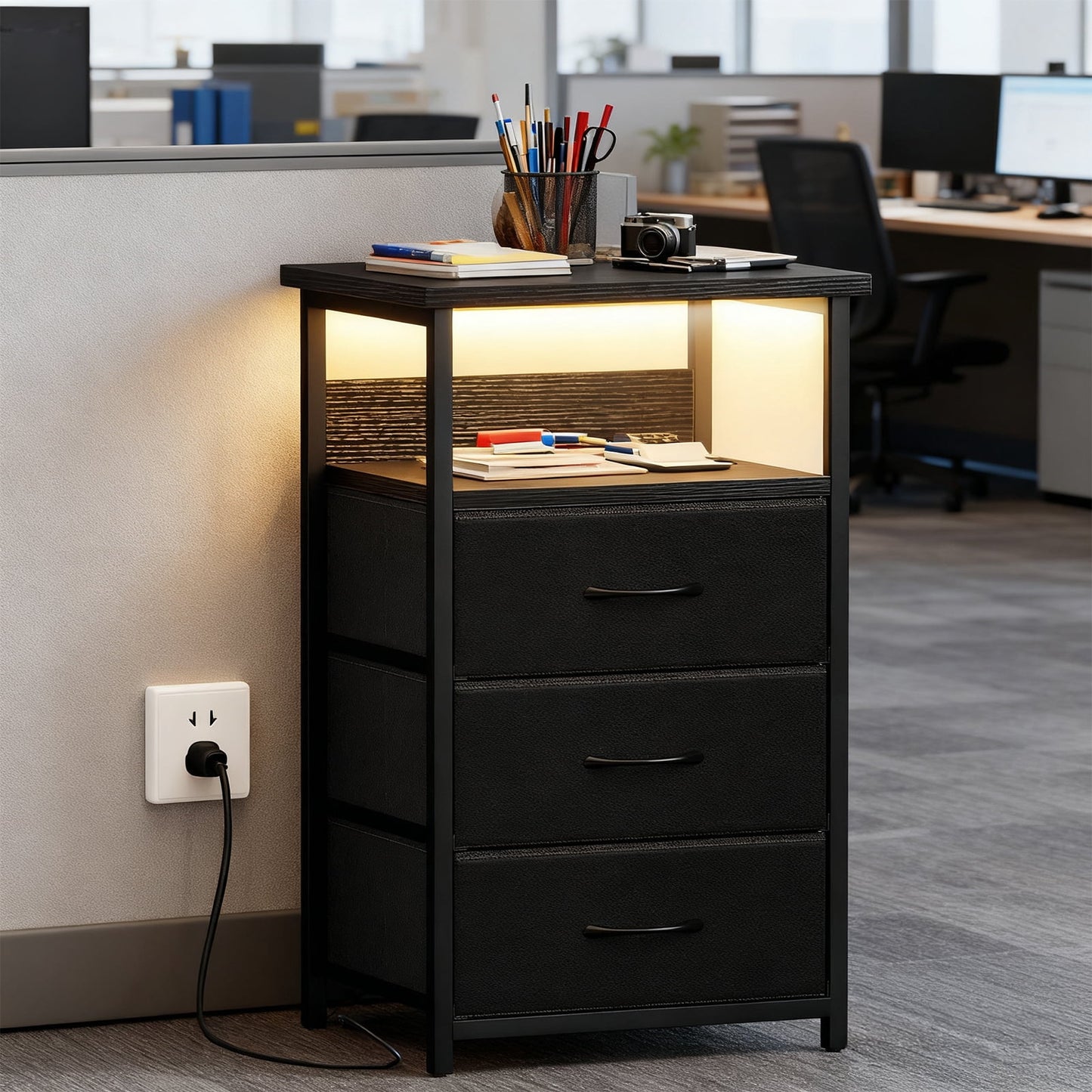 Fairy Night Stand with Charging Station, Bed Side Table, Nightstand with 3 Fabric Storage Drawers, Black