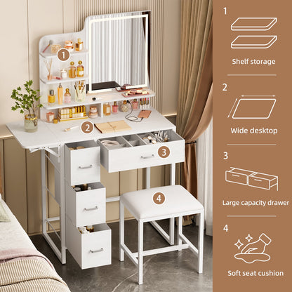 Tomnk woo Makeup Vanity Desk with LED Mirror, Lights, 4 Drawers, USB Ports & Stool, White