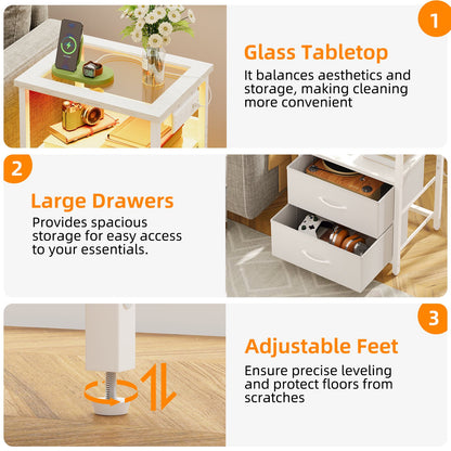 TOMNK Nightstand with LED Lights & Charging Station, Side Table with Tempered Glass Top, USB Ports & Outlets, Fabric Drawers for Bedroom/Living Room, White