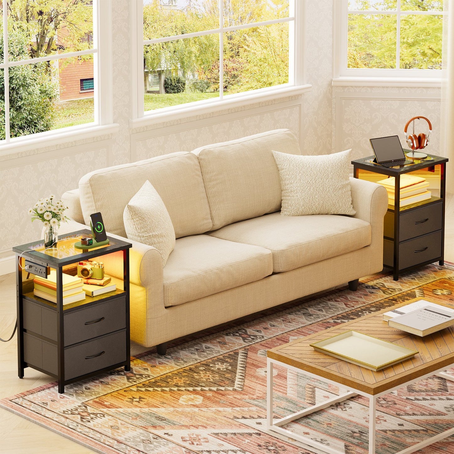 TOMNK Nightstand with LED Lights & Charging Station, Side Table with Tempered Glass Top, USB Ports & Outlets, Fabric Drawers for Bedroom/Living Room, Black