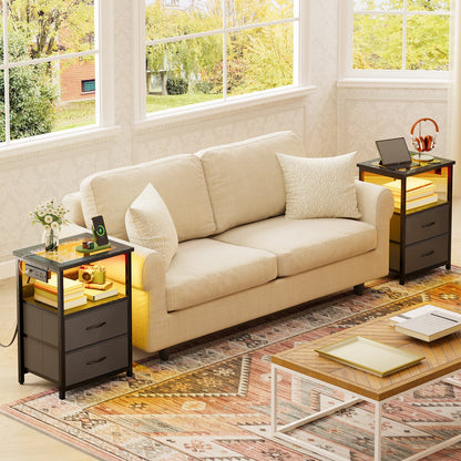 TOMNK Nightstand with LED Lights & Charging Station, Side Table with Tempered Glass Top, USB Ports & Outlets, Fabric Drawers for Bedroom/Living Room, Black