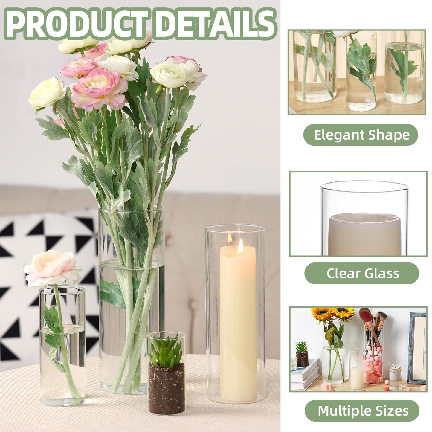 Tomnk Clear Glass Cylinder Hurricane Candle Holder Vases Set of 12 (4"+6"+8"+10"High)