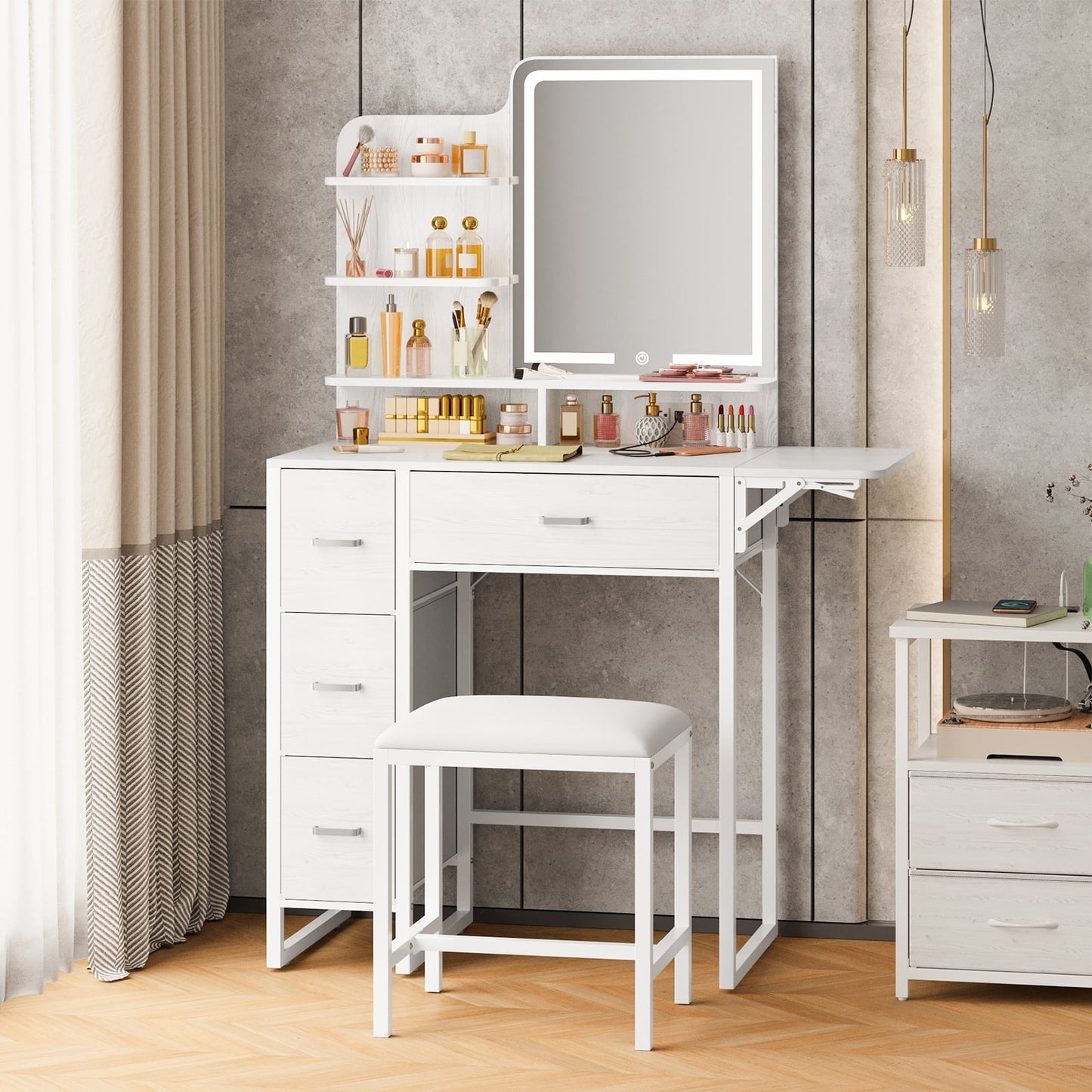 Tomnk woo Makeup Vanity Desk with LED Mirror, Lights, 4 Drawers, USB Ports & Stool, White