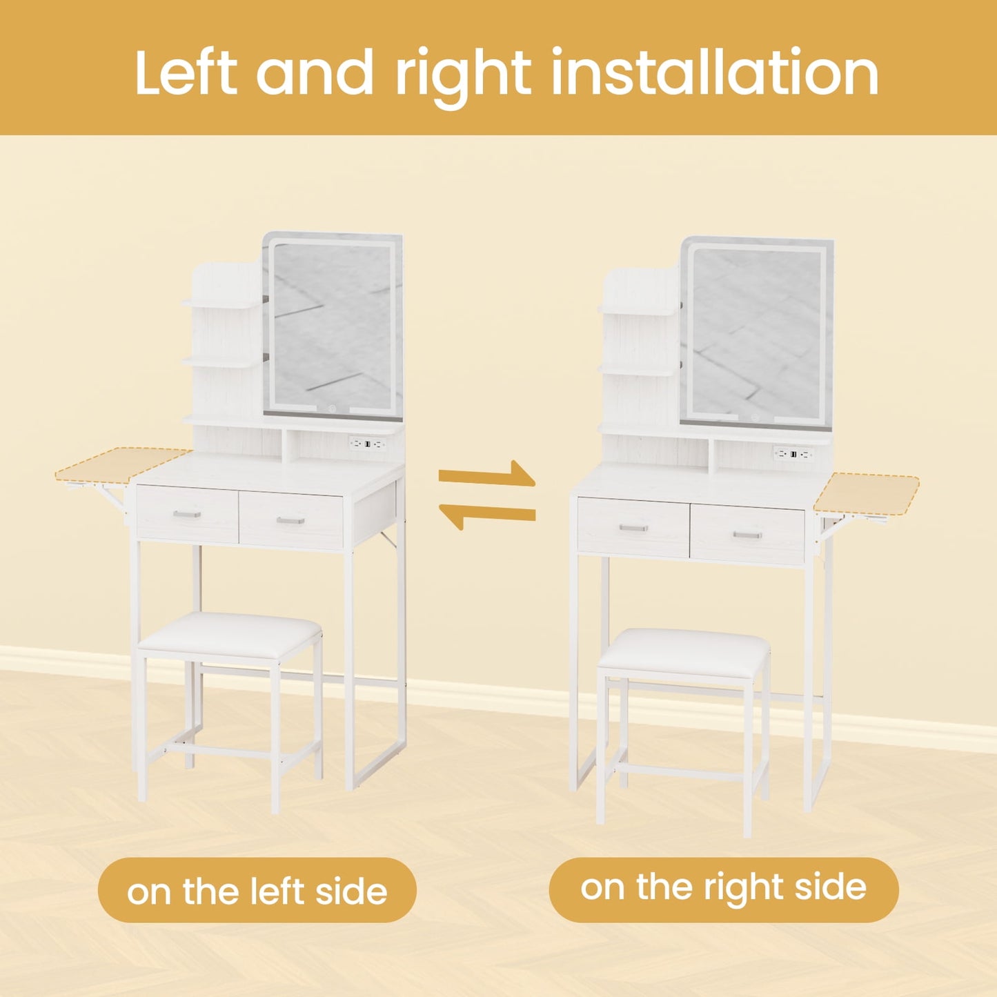 Fairy White Makeup Vanity Desk with Mirror, Lights, Power Outlet, Chair & Storage Drawer