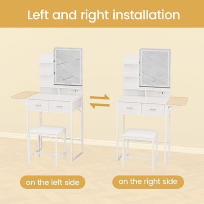 Fairy White Makeup Vanity Desk with Mirror, Lights, Power Outlet, Chair & Storage Drawer