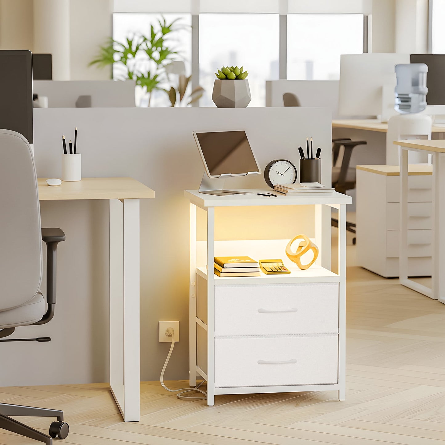 Fairy Night Stand with Charging Station, Bed Side Table, Nightstand with 2 Fabric Storage Drawers, White