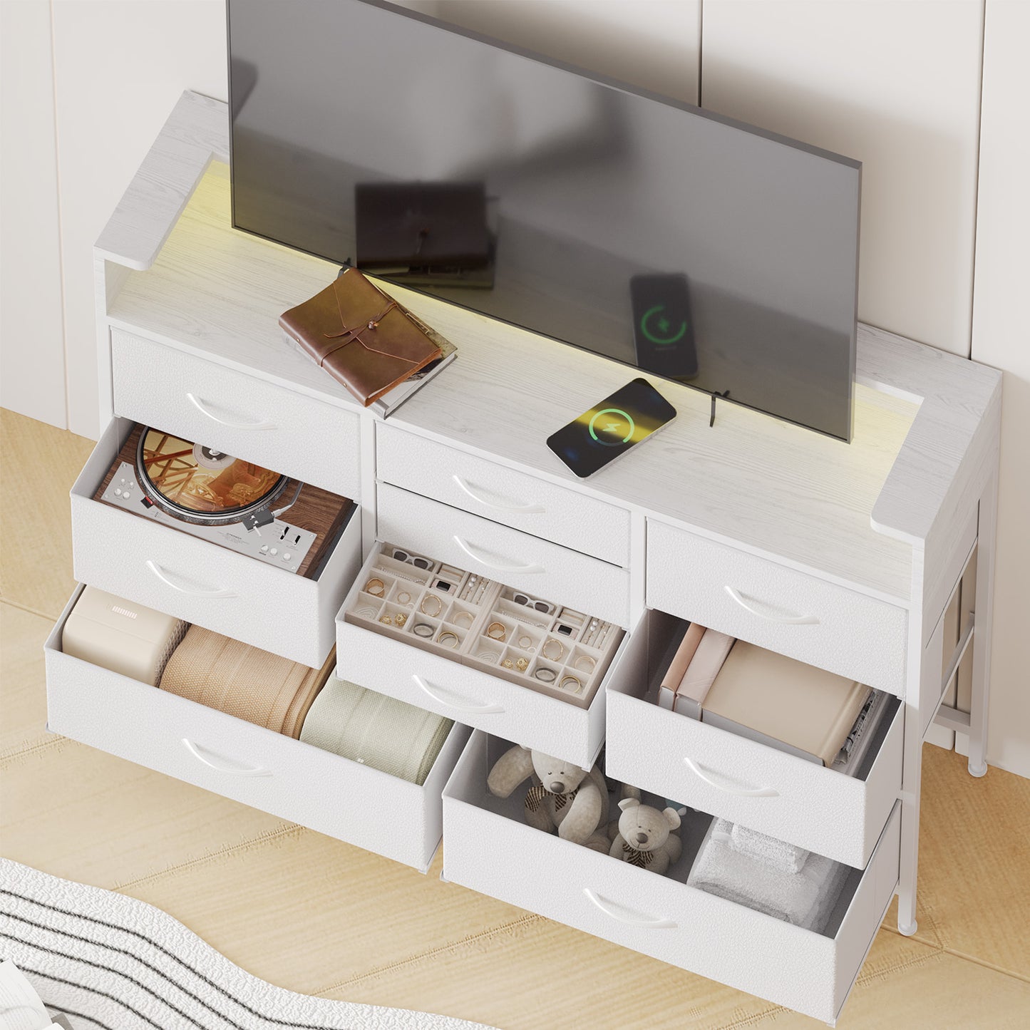 Tomnk woo White LED Dresser with 9 Drawers, Charging Station, PU Fabric Finish for Living Room, Hallway