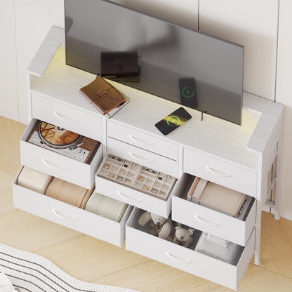 Tomnk woo White LED Dresser with 9 Drawers, Charging Station, PU Fabric Finish for Living Room, Hallway