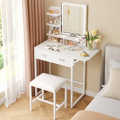 Fairy White Makeup Vanity Desk with Mirror, Lights, Power Outlet, Chair & Storage Drawer