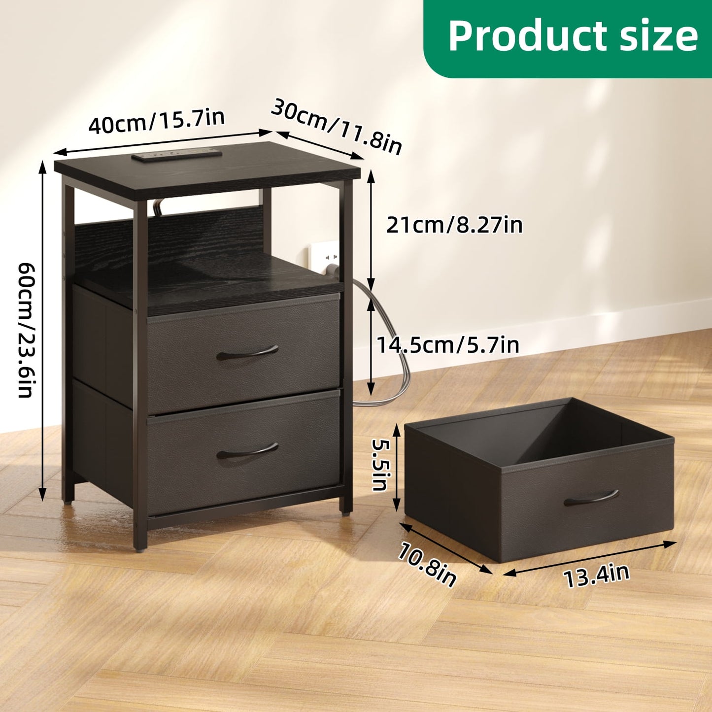 Tomnk Woo Night Stand Set of 2, Nightstand with Charging Station, End Table, Bed Side Table, Black