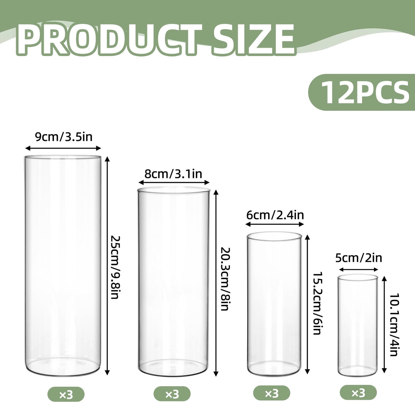 Tomnk Clear Glass Cylinder Hurricane Candle Holder Vases Set of 12 (4"+6"+8"+10"High)