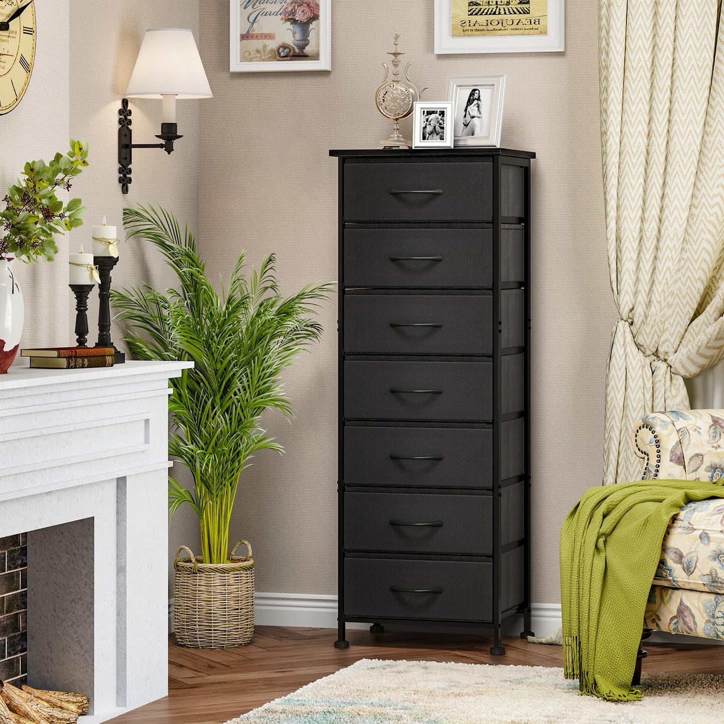 Tomnk woo Tall Dresser with 7 Fabric Drawers, Storage Organizer for Bedroom, Closet, Entryway, Hallway, Black