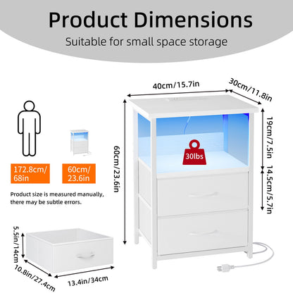 Fairy Night Stands Set of 2 with Charging Station, Bed Side Table, LED Nightstand with 2 Fabric Drawers, White