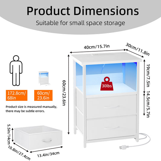 Fairy Night Stands Set of 2 with Charging Station, Bed Side Table, LED Nightstand with 2 Fabric Drawers, White