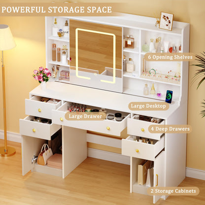 Tomnk woo Vanity Desk with Sliding LED Mirror, 3 Light Modes, 5 Drawers, 2 Cabinets, White, for Bedroom