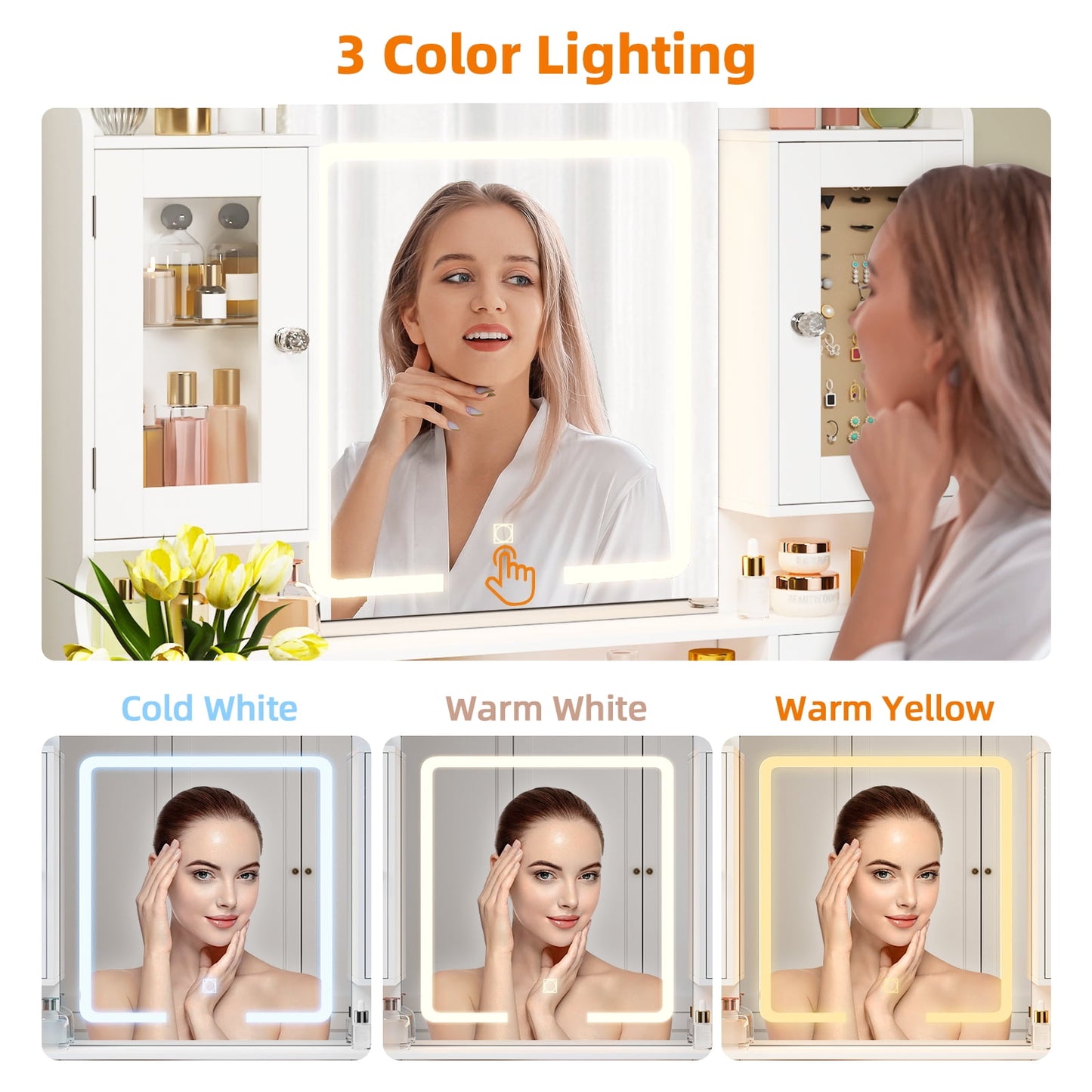 Tomnk woo 42" Vanity Desk with LED Mirror, RGB Lights, 7 Drawers, 2 Cabinets, Adjustable Brightness, White