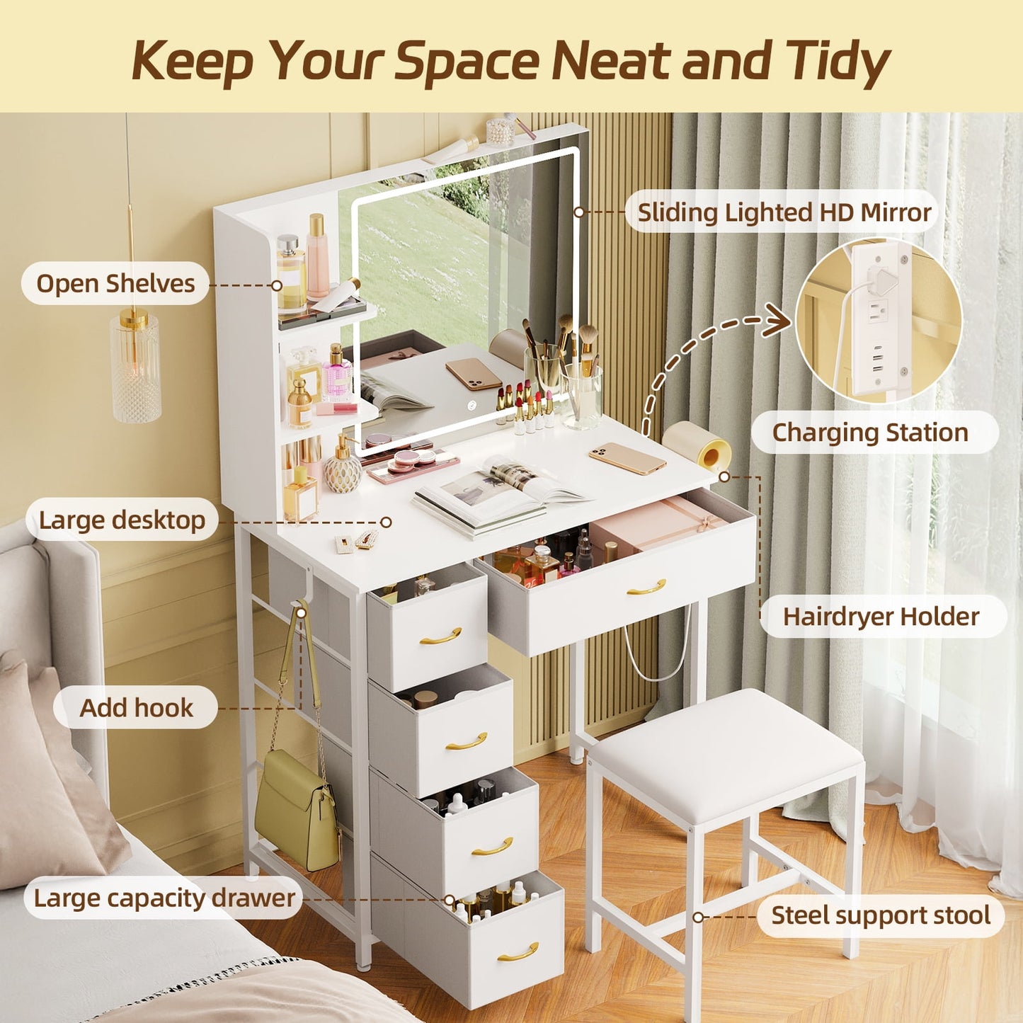 TOMNK Vanity Desk with Mirror Lights, 5 Drawers, Stool, Charging Station, Hooks & Hair Dryer Holder, White