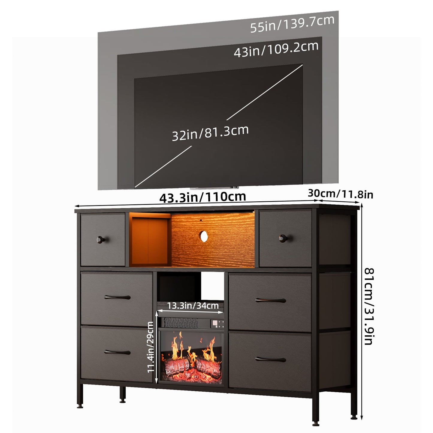 TOMNK 43" Modern Fireplace TV Stand with 13" Electric Fireplace for TVs Up to 66 inch, Luxury LED Light Entertainment Center with High Gloss Cabinet, TV Consoles for Living Room, Black