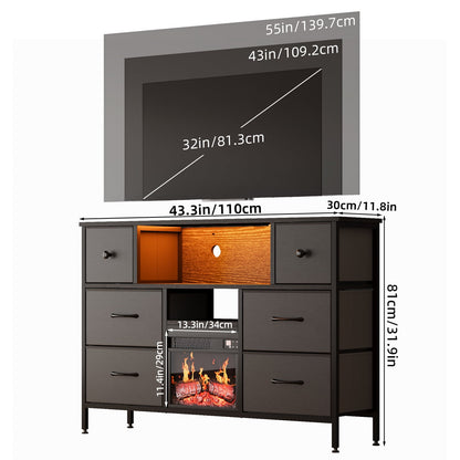 TOMNK 43" Modern Fireplace TV Stand with 13" Electric Fireplace for TVs Up to 66 inch, Luxury LED Light Entertainment Center with High Gloss Cabinet, TV Consoles for Living Room, Black