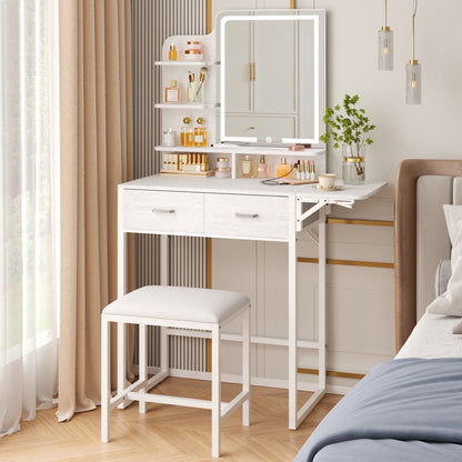 Fairy White Makeup Vanity Desk with Mirror, Lights, Power Outlet, Chair & Storage Drawer