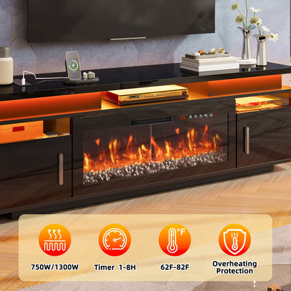 TOMNK 67" Modern Fireplace TV Stand with 36" Electric Fireplace for TVs Up to 80 inch, Luxury LED Light Entertainment Center with High Gloss Cabinet, TV Consoles for Living Room, Black