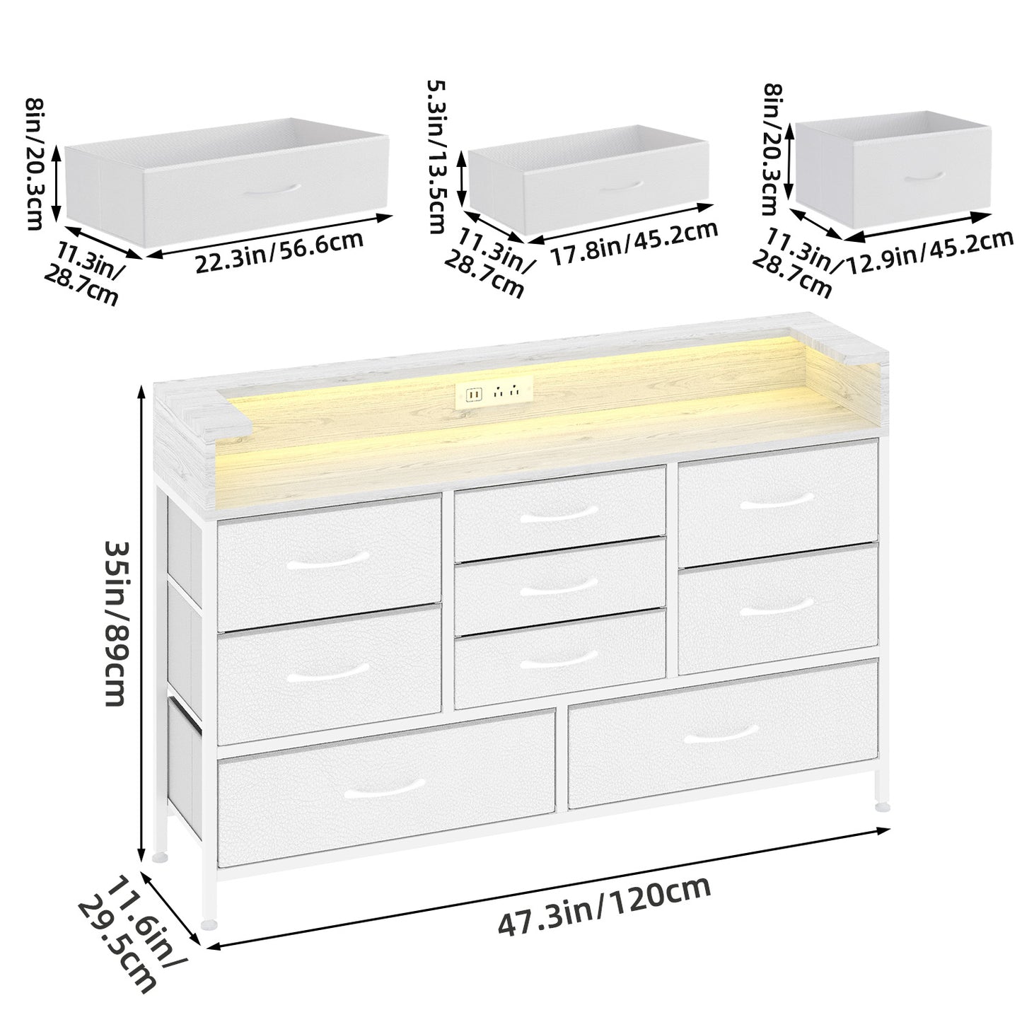 Tomnk woo White LED Dresser with 9 Drawers, Charging Station, PU Fabric Finish for Living Room, Hallway