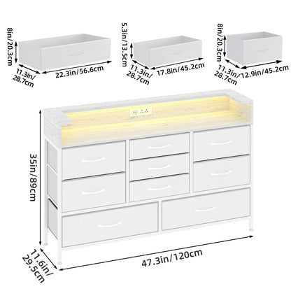 Tomnk woo White LED Dresser with 9 Drawers, Charging Station, PU Fabric Finish for Living Room, Hallway