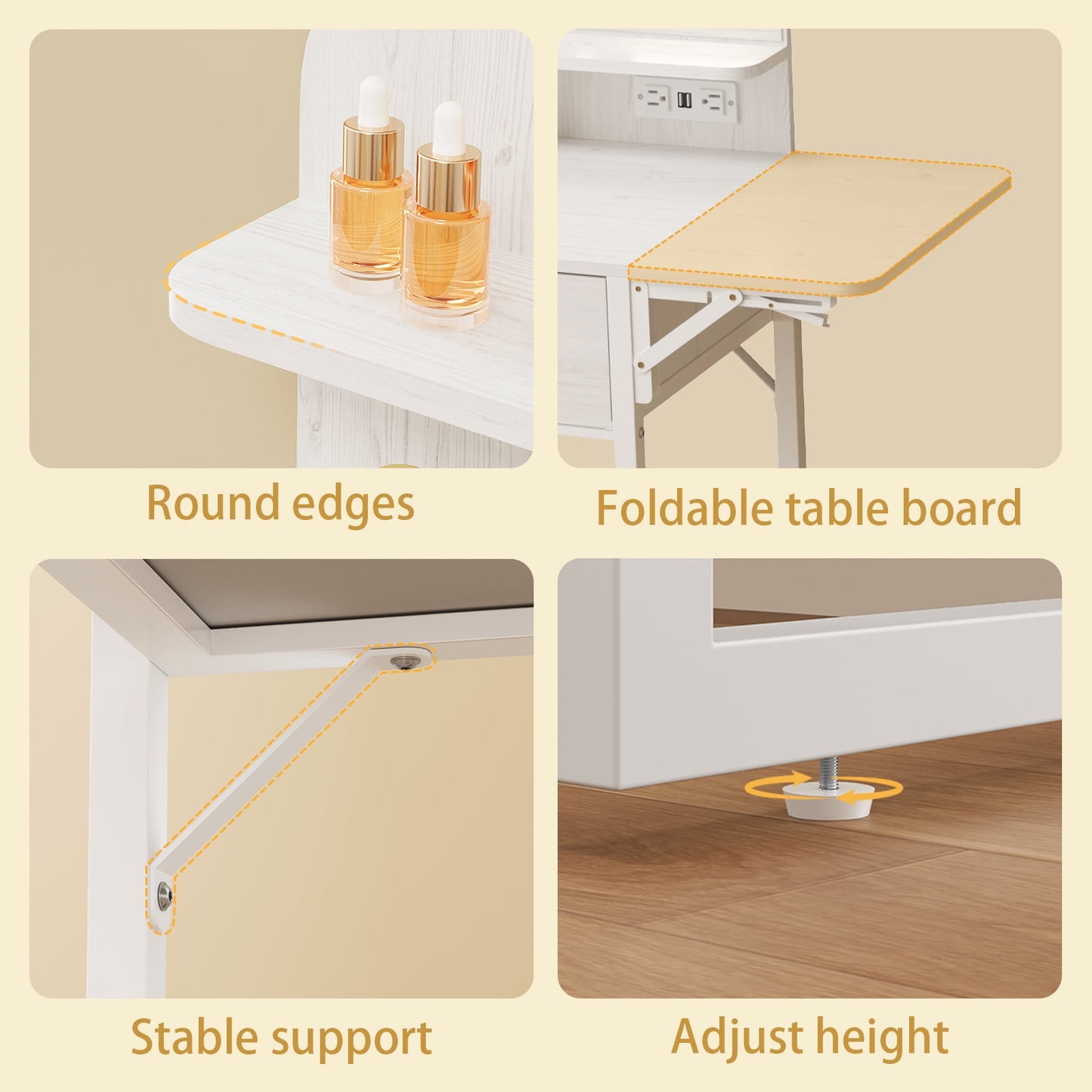 Fairy White Makeup Vanity Desk with Mirror, Lights, Power Outlet, Chair & Storage Drawer