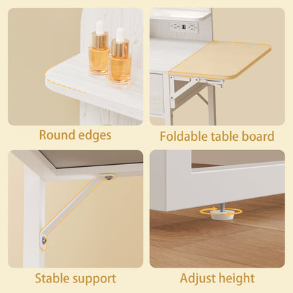 Fairy White Makeup Vanity Desk with Mirror, Lights, Power Outlet, Chair & Storage Drawer