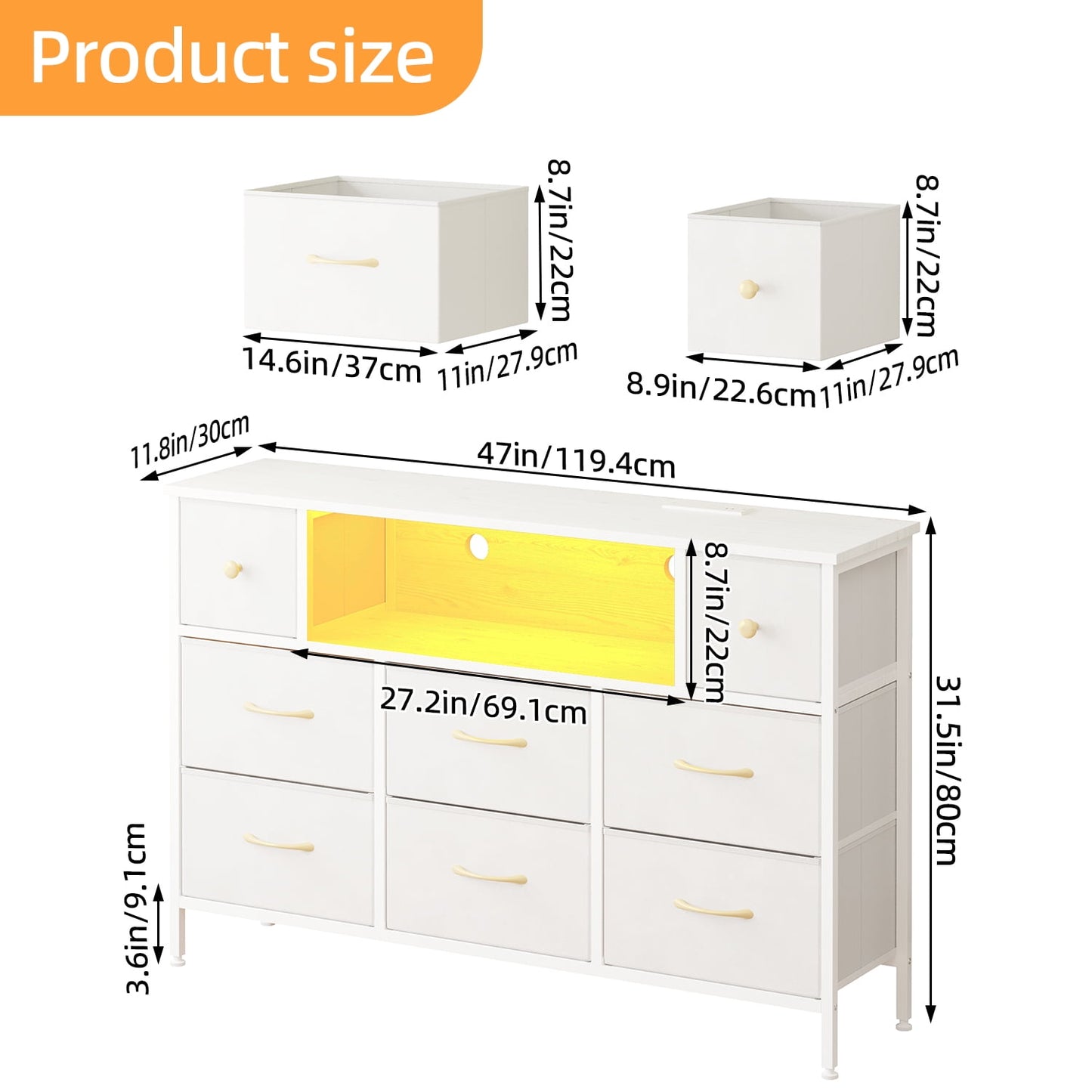 Tomnk woo White Dresser with LED Lights and Power Outlets, 55" TV Stand with 8 Drawers for Bedroom, Living Room