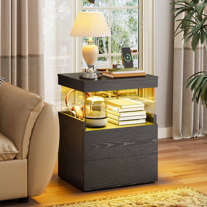TOOMNK Black Nightstand with Charging Station, Bedside Table for Bedroom, LED Nightstand, Modern Night Stand with Drawers, Black