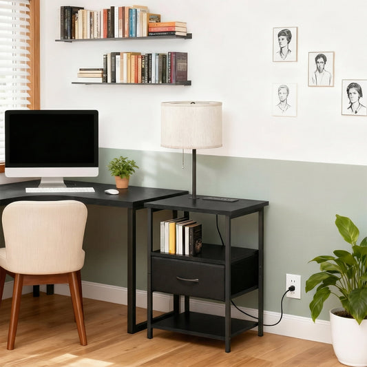 TOMNK Floor Lamp with Table, End Table for Living Room with Lamp, Shelves Side Table with Charging Station(USB & AC Port), 3 Color Temperature LED Bulb, Modern Nightstand Lamp for Bedroom, Office