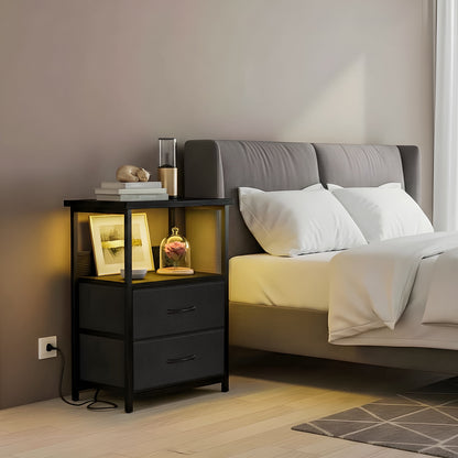 Fairy Night Stand with Charging Station, Bed Side Table, Nightstand with 2 Fabric Storage Drawers, Black