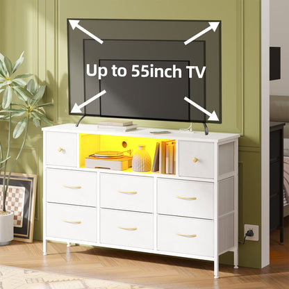 Fairy Dresser for Bedroom with 8 Drawers, White 55" TV Stand with Power Outlets and LED Lights, Fabric Chest of Drawers with PU Finish for Living Room, Entryway (White)