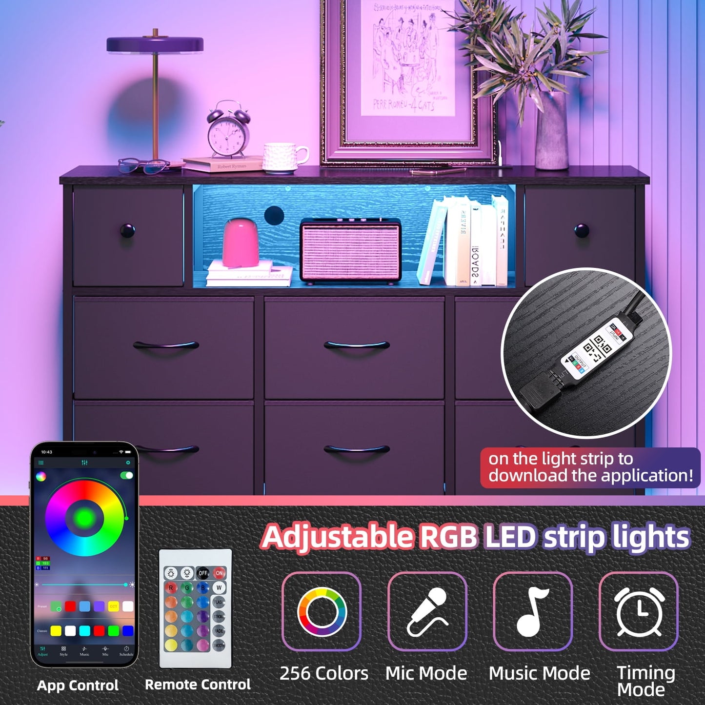 Tomnk woo Black Dresser with LED Lights and Power Outlets, 55" TV Stand with 8 Drawers for Bedroom, Living Room