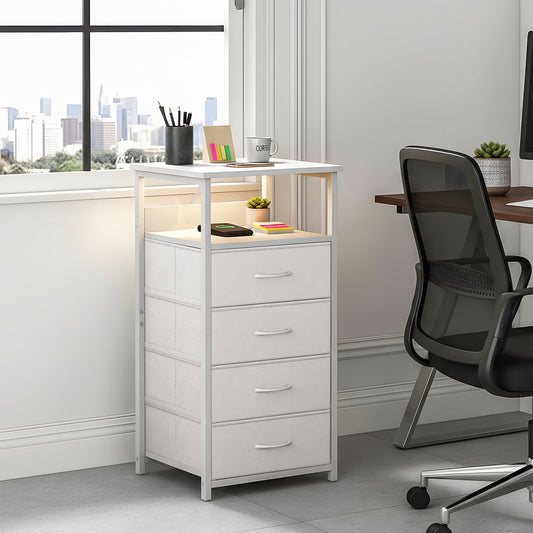 Fairy Nightstand Set of 2, 4 Drawer Night Stand with Charging Station, LED Bedside Table, Storage Side Table for Bedroom, White