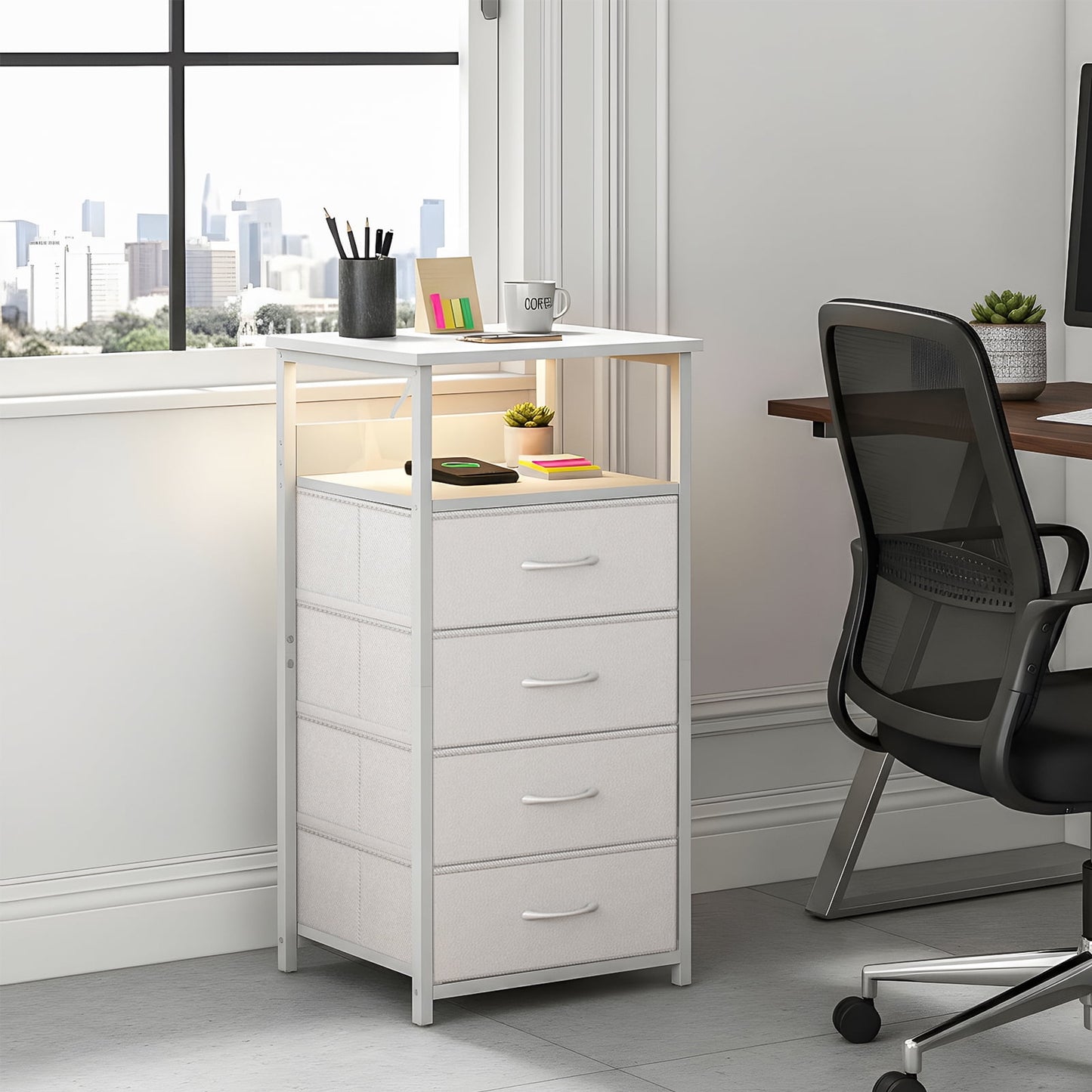 Fairy Nightstand with Charging Station and LED Light, Side Table with 4 Fabric Drawers, Bedside End Table, Night Stand for Bedroom, White