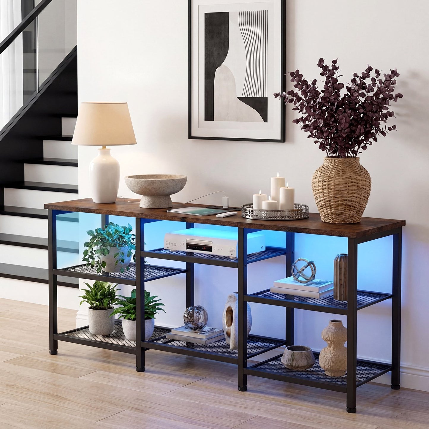 Tomnk TV Stand for TVs up to 55 Inch, Entertainment Center with Open Storage Shelves, Media Console Table with Soundbar Shelf for Living Room, Bedroom, Rustic Brown