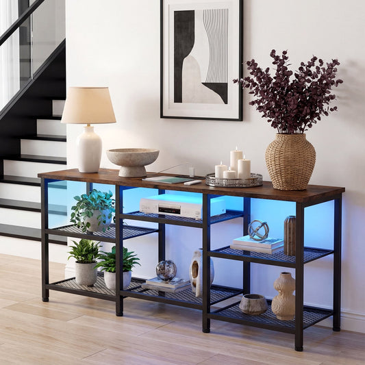 Tomnk TV Stand for TVs up to 55 Inch, Entertainment Center with Open Storage Shelves, Media Console Table with Soundbar Shelf for Living Room, Bedroom, Rustic Brown