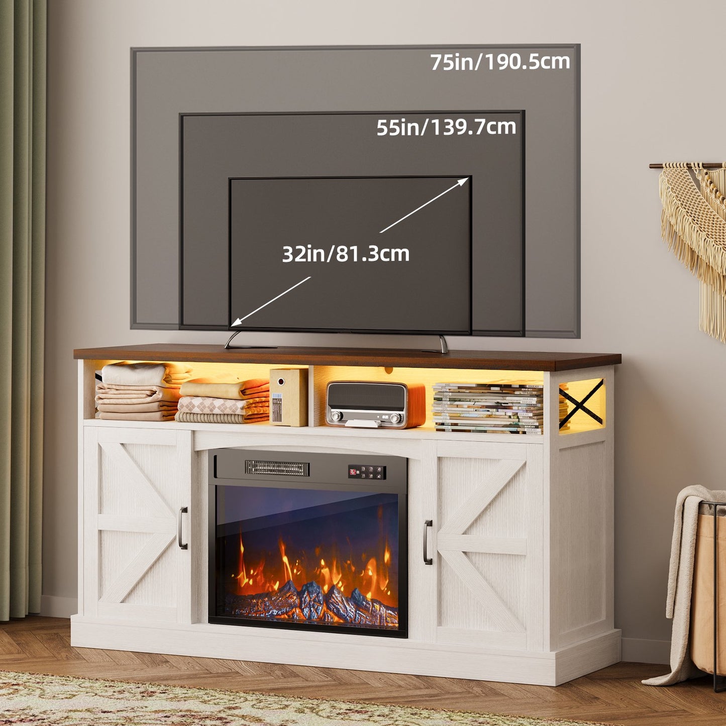 TOMNK Fireplace TV Stand for Television up to 65+ Inch with Storage and Farmhouse Sliding Barn Doors, Entertainment Center with Cabinet and Shelves, Media Console for Living Room, White