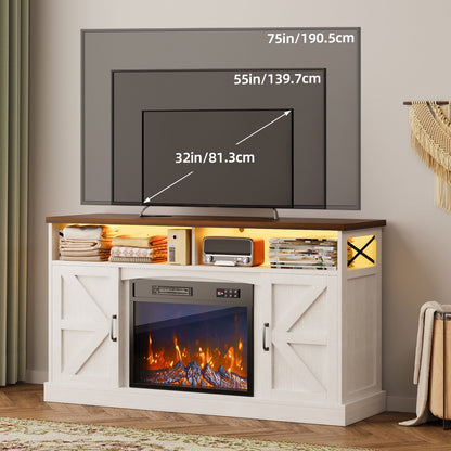 TOMNK Fireplace TV Stand for Television up to 65+ Inch with Storage and Farmhouse Sliding Barn Doors, Entertainment Center with Cabinet and Shelves, Media Console for Living Room, White