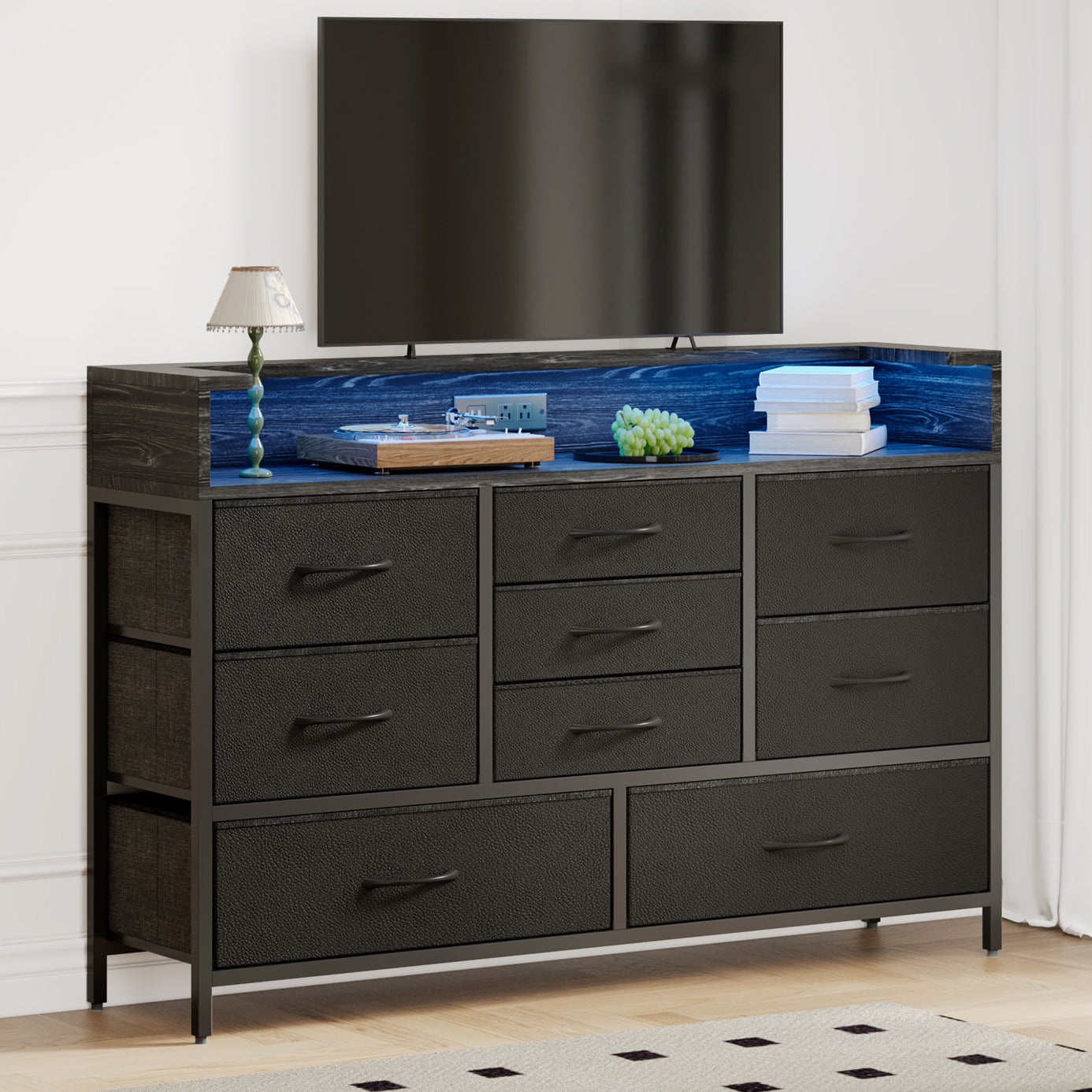 Tomnk woo Black LED Dresser with 9 Drawers, Charging Station, PU Fabric Finish for Living Room, Hallway