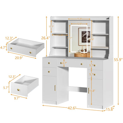 Tomnk woo Vanity Desk with Sliding LED Mirror, 3 Light Modes, 5 Drawers, 2 Cabinets, White, for Bedroom