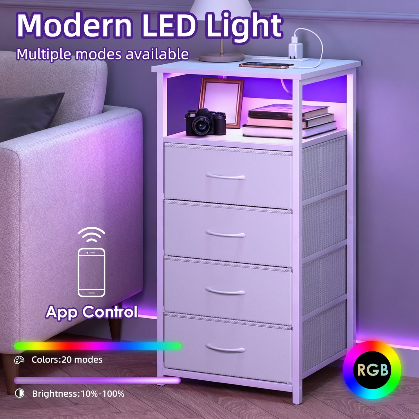 Fairy Nightstand Set of 2, 4 Drawer Night Stand with Charging Station, LED Bedside Table, Storage Side Table for Bedroom, White