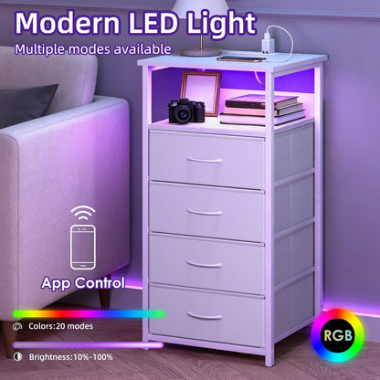 Fairy Nightstand Set of 2, 4 Drawer Night Stand with Charging Station, LED Bedside Table, Storage Side Table for Bedroom, White