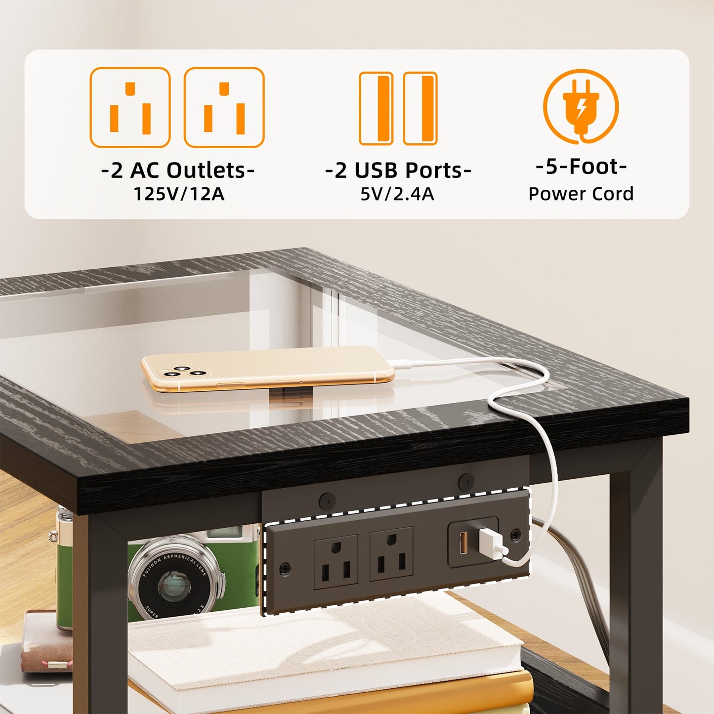 TOMNK Nightstand with LED Lights & Charging Station, Side Table with Tempered Glass Top, USB Ports & Outlets, Fabric Drawers for Bedroom/Living Room, Black